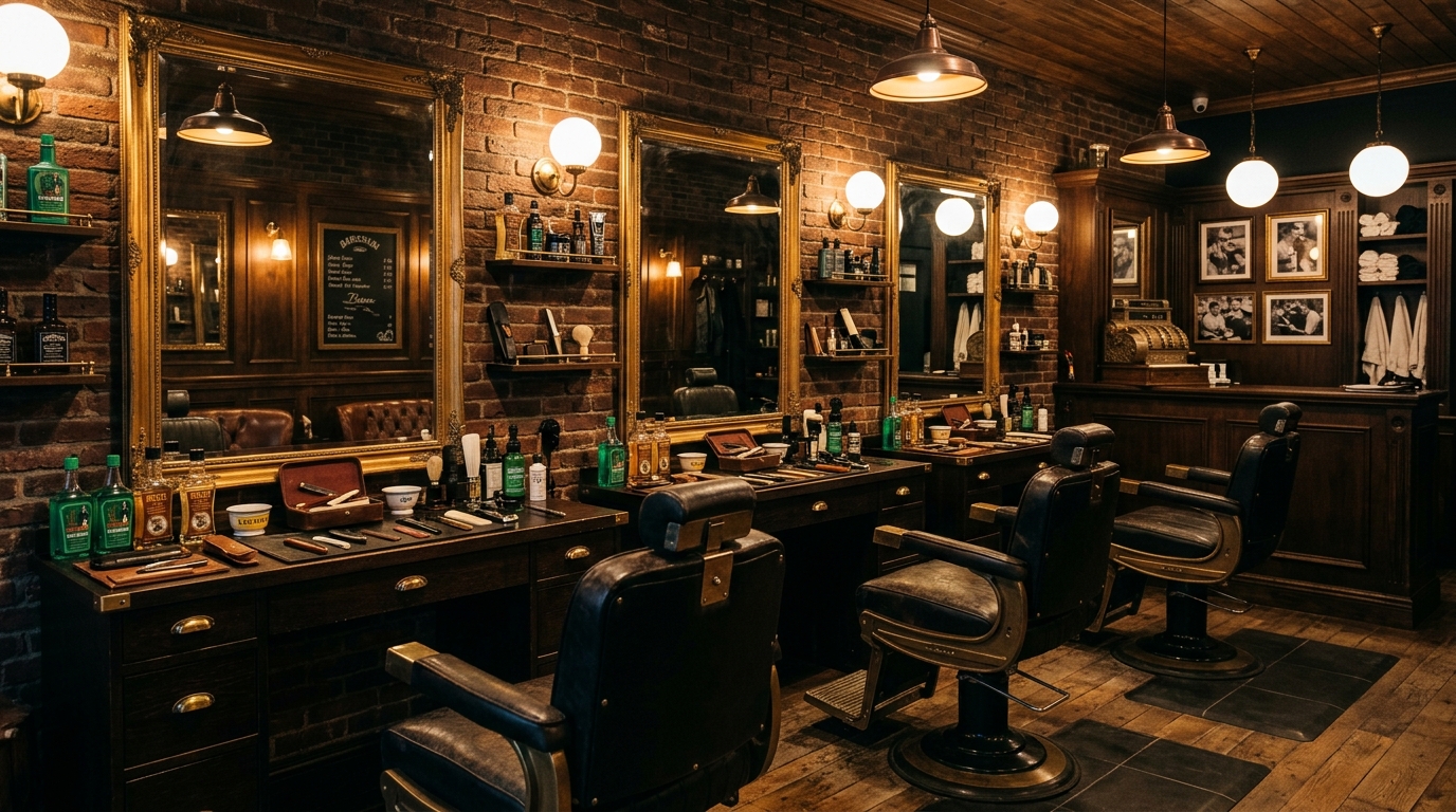 Interior Barbershop Masbeng yang premium dengan kursi kulit dan pencahayaan hangat
